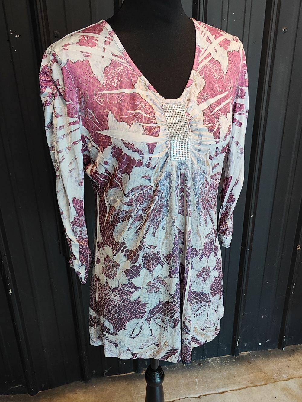 Style & Co. Purple and White Floral V-Neck Tunic with Rhinestone Trim